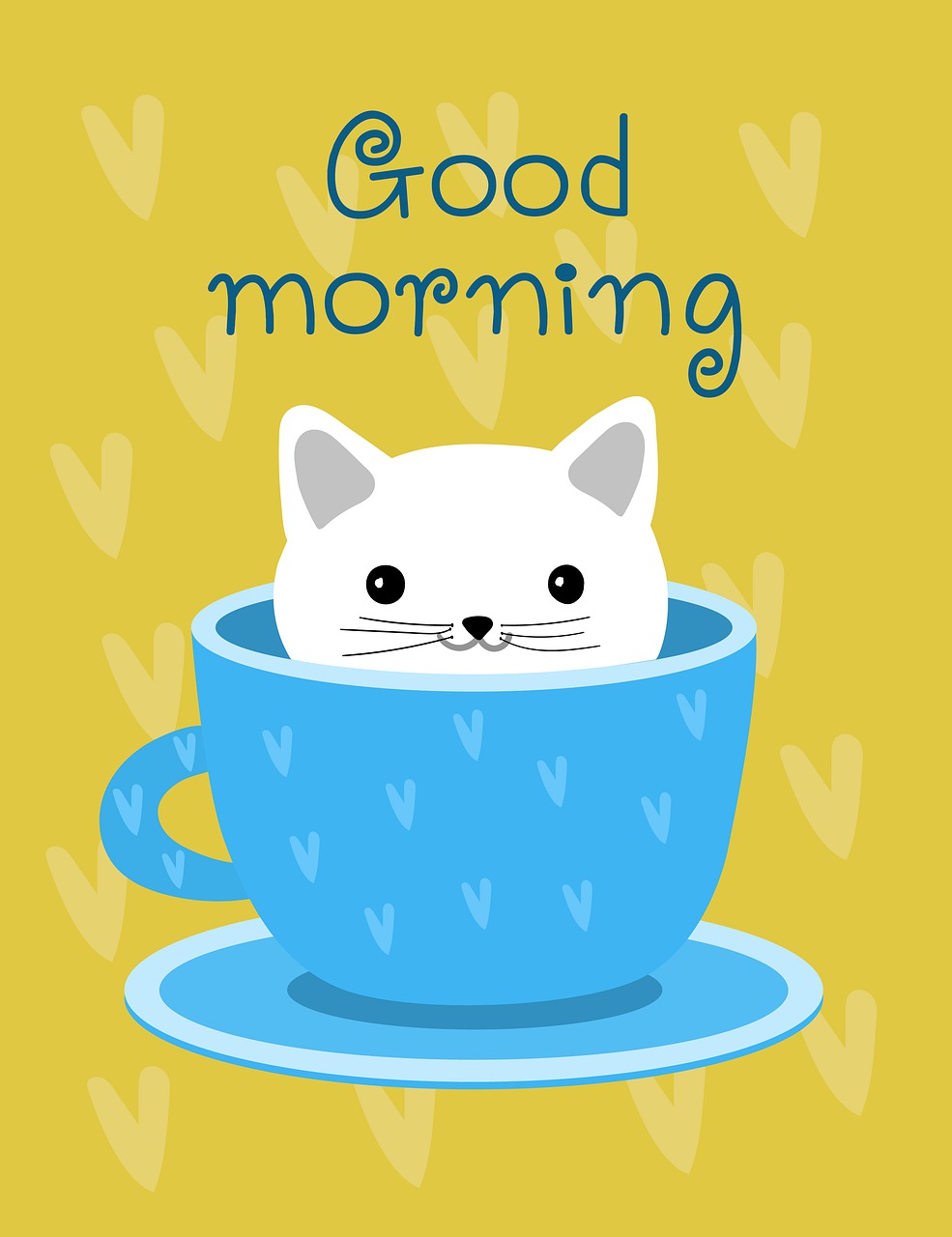 disegno con gattino dentro una tazza da colazione blu 